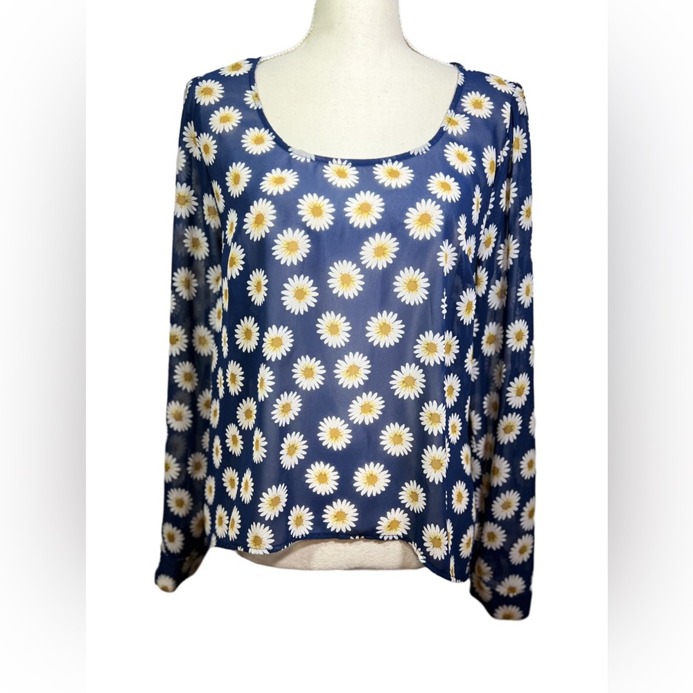Miss Daisy Navy Floral Blouse Size L Semi Sheer with Strappy Back